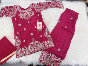 Girls Magenta Red Embroidered Palazzo Set with Dupatta | Indian Ethnic Wear | Wedding, Diwali, Eid Party Dress, G -4099