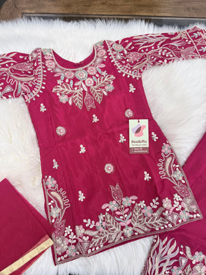 Girls Magenta Red Embroidered Palazzo Set with Dupatta | Indian Ethnic Wear | Wedding, Diwali, Eid Party Dress, G -4099