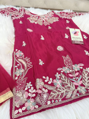 Girls Magenta Red Embroidered Palazzo Set with Dupatta | Indian Ethnic Wear | Wedding, Diwali, Eid Party Dress, G -4099