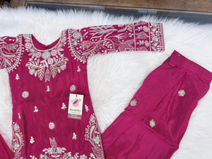 Girls Magenta Red Embroidered Palazzo Set with Dupatta | Indian Ethnic Wear | Wedding, Diwali, Eid Party Dress, G -4099