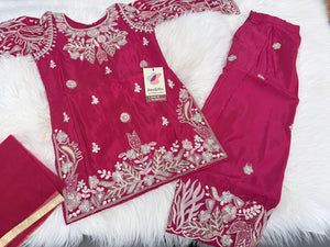 Girls Magenta Red Embroidered Palazzo Set with Dupatta | Indian Ethnic Wear | Wedding, Diwali, Eid Party Dress, G -4099