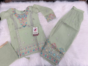 Girls Pista Green Embroidered Palazzo Set with Dupatta | Indian Ethnic Wear | Wedding, Diwali, Eid Party Dress, G -4500