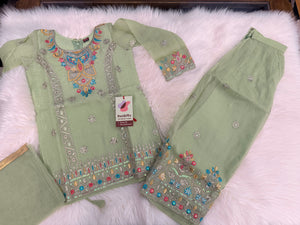 Girls Pista Green Embroidered Palazzo Set with Dupatta | Indian Ethnic Wear | Wedding, Diwali, Eid Party Dress, G -4500
