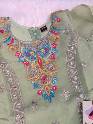 Girls Pista Green Embroidered Palazzo Set with Dupatta | Indian Ethnic Wear | Wedding, Diwali, Eid Party Dress, G -4500