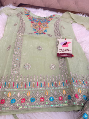 Girls Pista Green Embroidered Palazzo Set with Dupatta | Indian Ethnic Wear | Wedding, Diwali, Eid Party Dress, G -4500