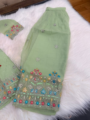 Girls Pista Green Embroidered Palazzo Set with Dupatta | Indian Ethnic Wear | Wedding, Diwali, Eid Party Dress, G -4500
