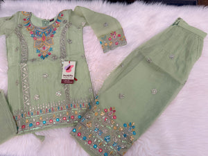 Girls Pista Green Embroidered Palazzo Set with Dupatta | Indian Ethnic Wear | Wedding, Diwali, Eid Party Dress, G -4500
