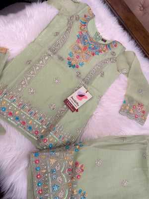 Girls Pista Green Embroidered Palazzo Set with Dupatta | Indian Ethnic Wear | Wedding, Diwali, Eid Party Dress, G -4500