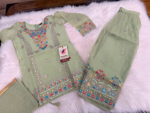 Girls Pista Green Embroidered Palazzo Set with Dupatta | Indian Ethnic Wear | Wedding, Diwali, Eid Party Dress, G -4500