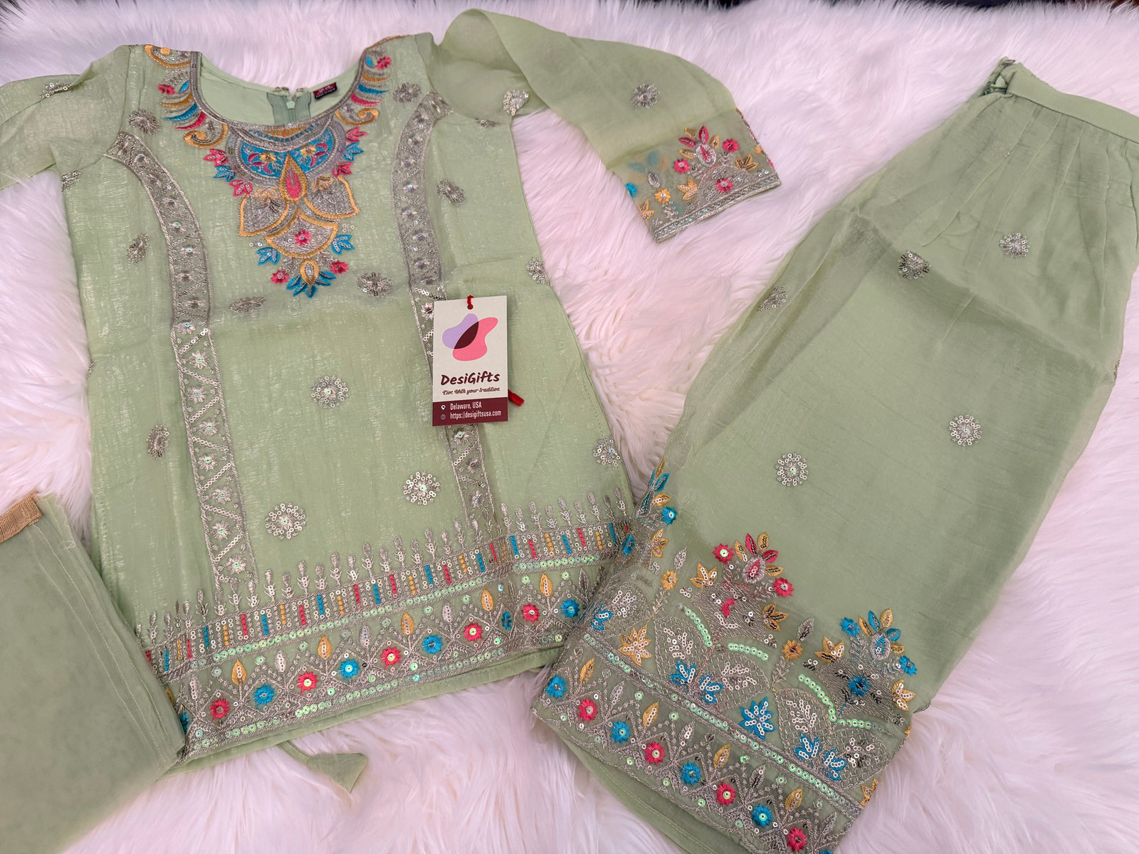Girls Pista Green Embroidered Palazzo Set with Dupatta | Indian Ethnic Wear | Wedding, Diwali, Eid Party Dress, G -4500