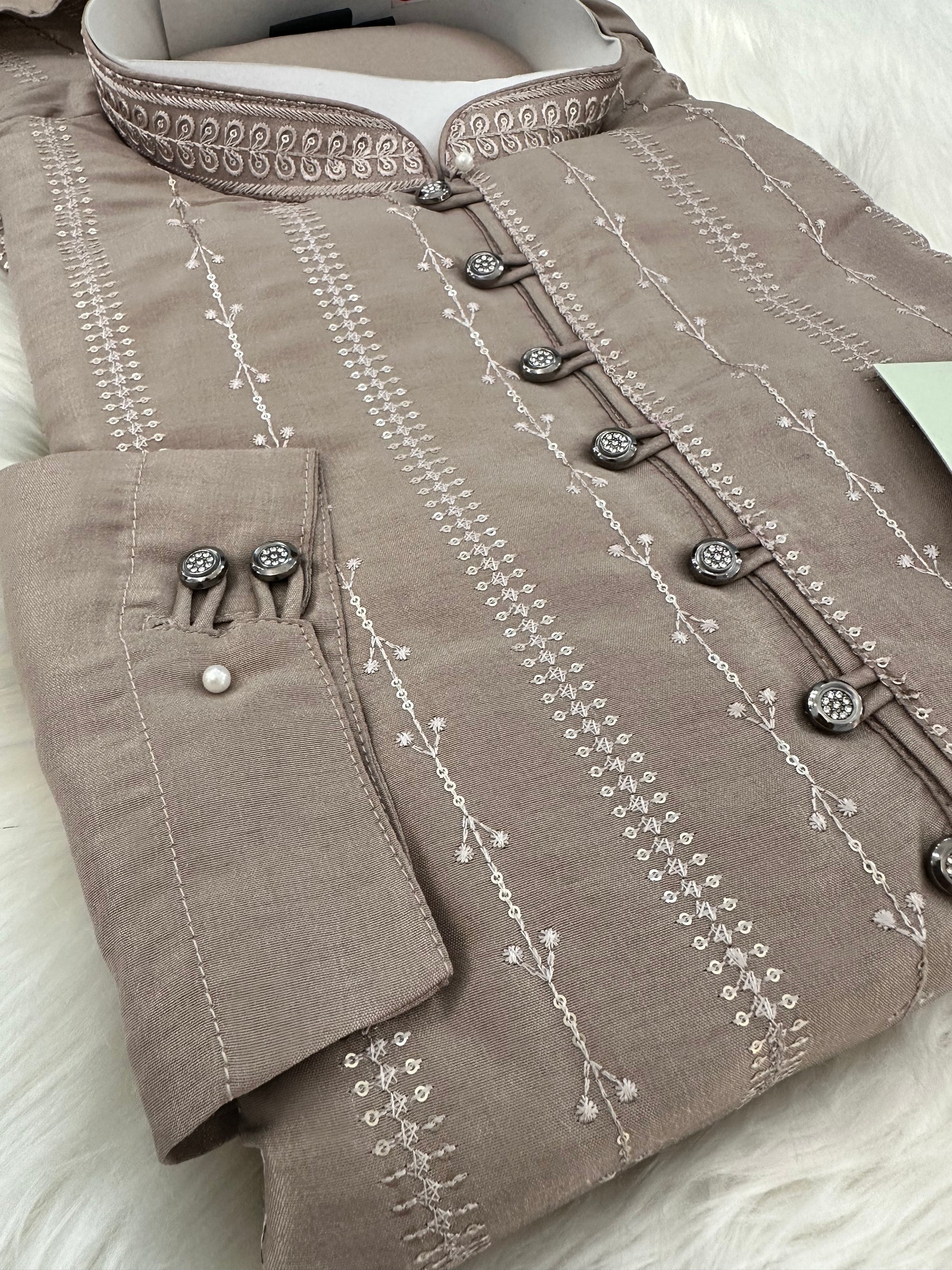 Tan Brown Shade Embroidered with Sequins Work Partywear 2 Piece Kurta Pajama Set for Man, KP - 1542