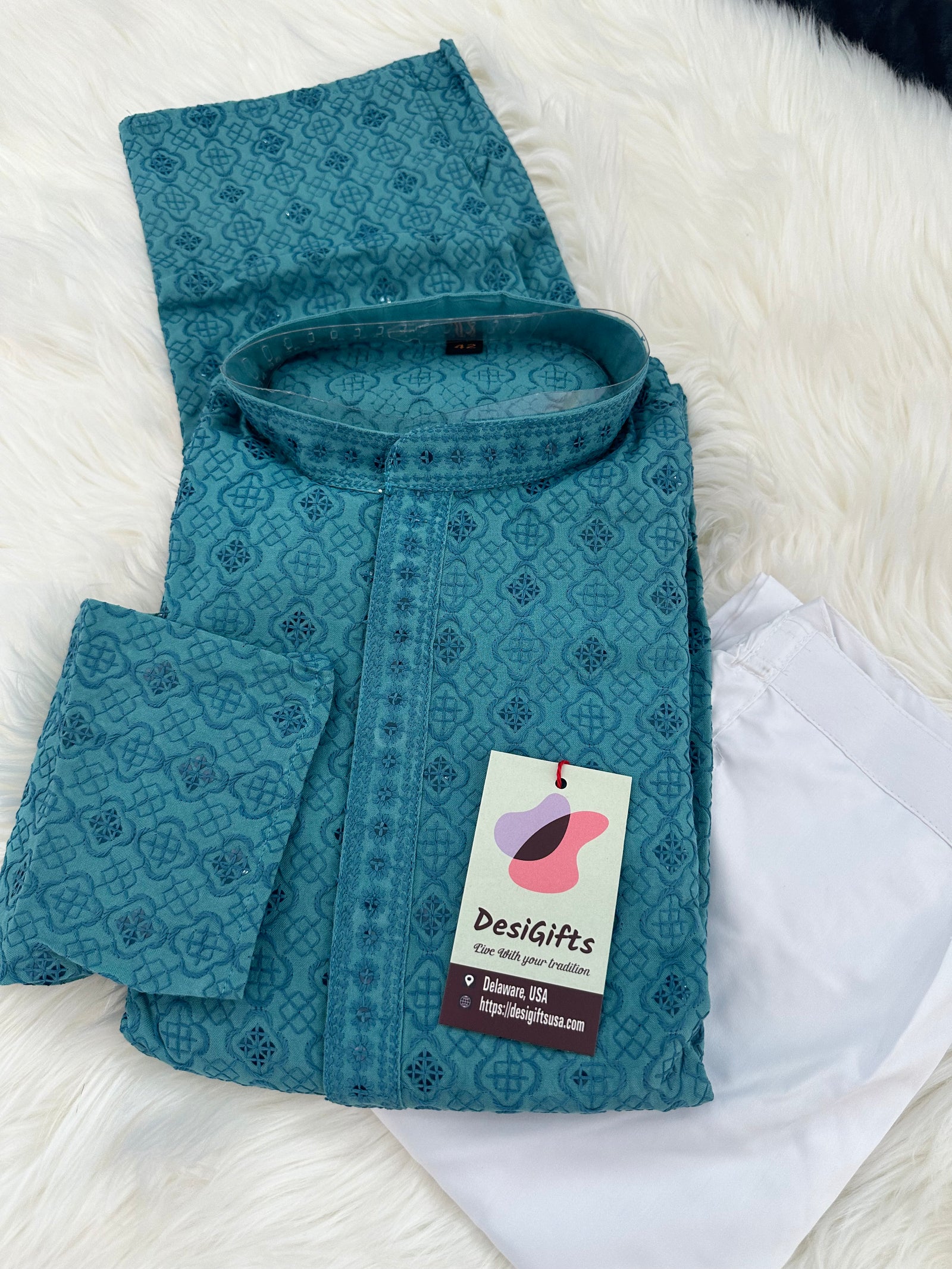 Size 44, Teal Blue Sequins Work Chikankari Rayon 2 Piece Kurta Pajama Set for Man, KP - 1544