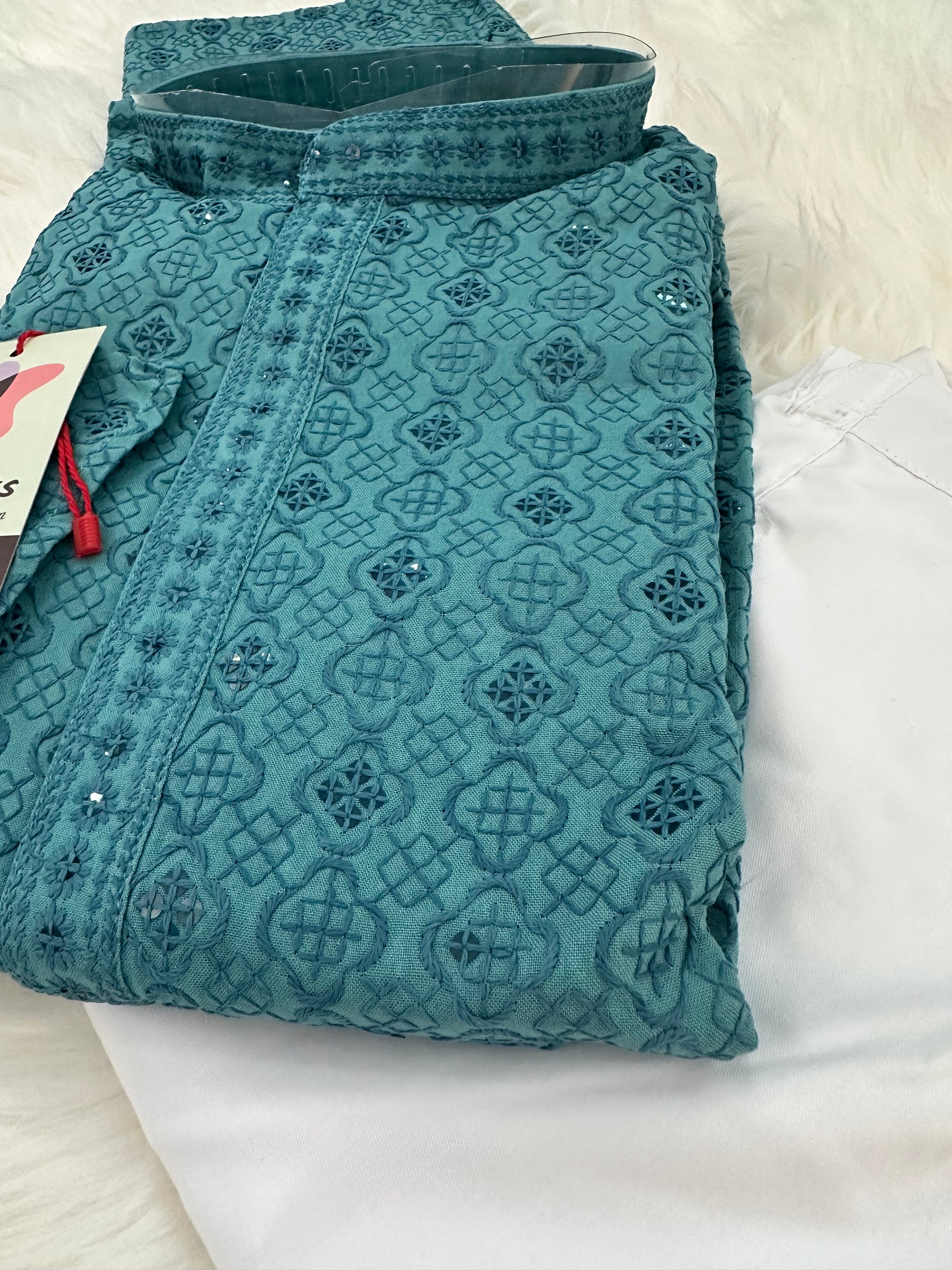 Teal Blue Sequins Work Chikankari Rayon 2 Piece Kurta Pajama Set for Man, KP - 1544