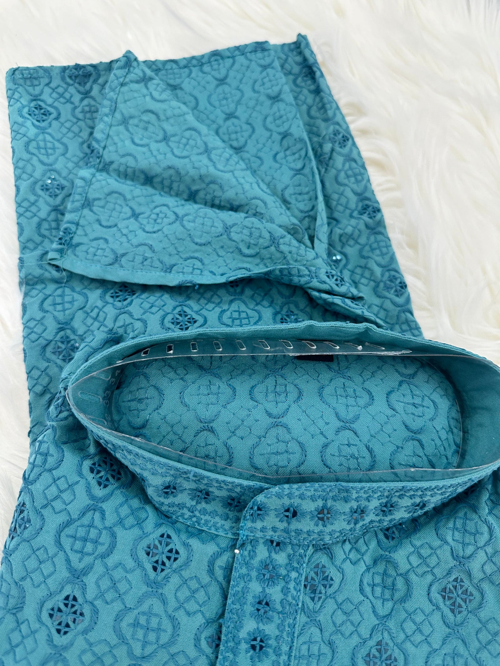 Size 44, Teal Blue Sequins Work Chikankari Rayon 2 Piece Kurta Pajama Set for Man, KP - 1544