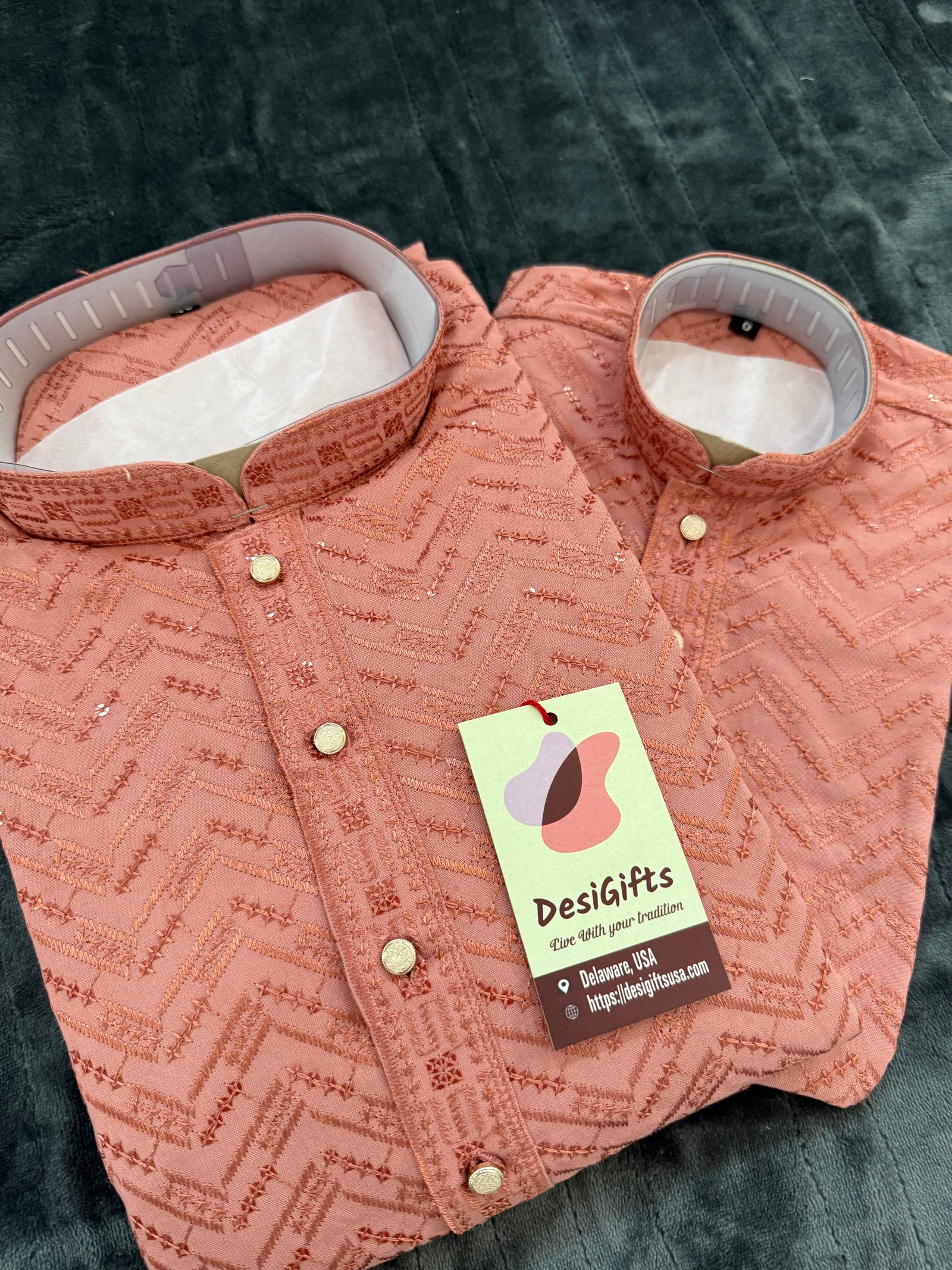 Onion Pink Shade Chikankari Rayon with Sequins 2 Piece Kurta Pajama Set, Father & Son's Outfit up to Size 56, DM -1805