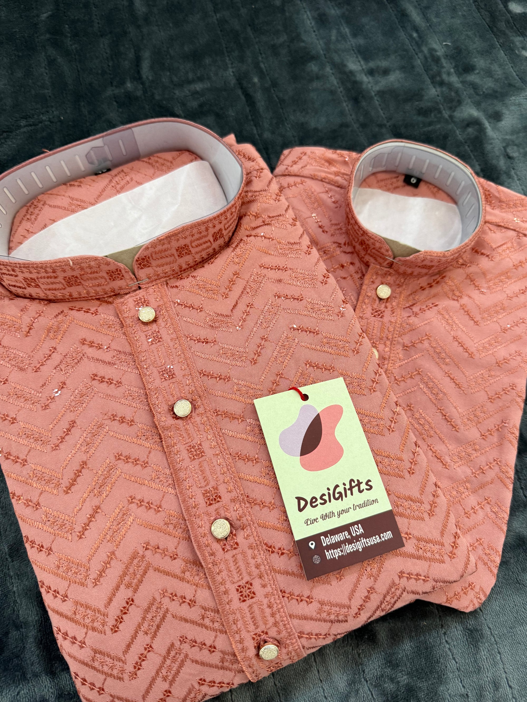 Onion Pink Shade Chikankari Rayon with Sequins 2 Piece Kurta Pajama Set, Father & Son's Outfit up to Size 56, DM -1805