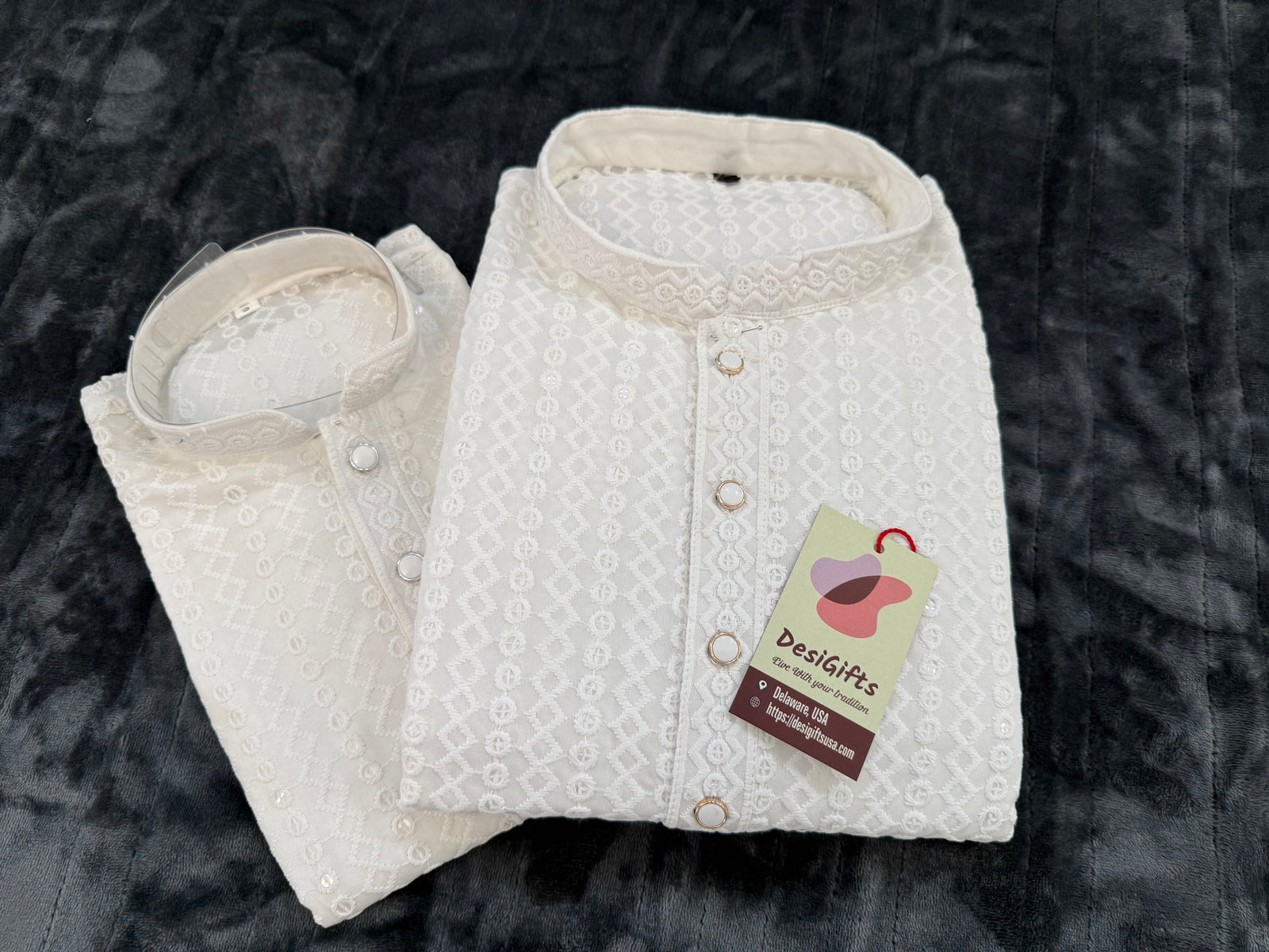 White Chikankari Rayon with Sequins 2 Piece Kurta Pajama Set, Father & Son's Outfit, DM -1811