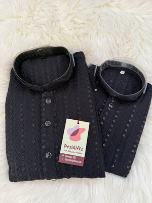 Black Chikankari Rayon with Sequins 2 Piece Kurta Pajama Set, Father & Son's Outfit, DM -1817