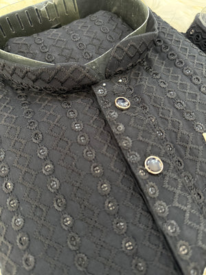 Black Chikankari Rayon with Sequins 2 Piece Kurta Pajama Set, Father & Son's Outfit, DM -1817