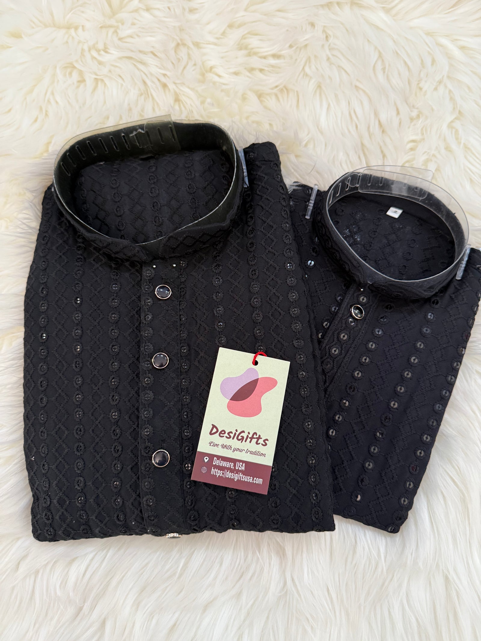 Black Chikankari Rayon with Sequins 2 Piece Kurta Pajama Set, Father & Son's Outfit, DM -1817