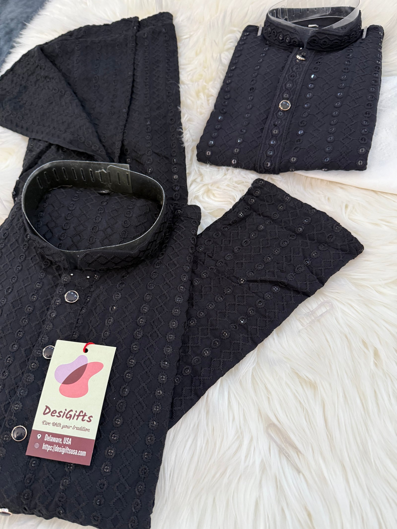 Black Chikankari Rayon with Sequins 2 Piece Kurta Pajama Set, Father & Son's Outfit, DM -1817