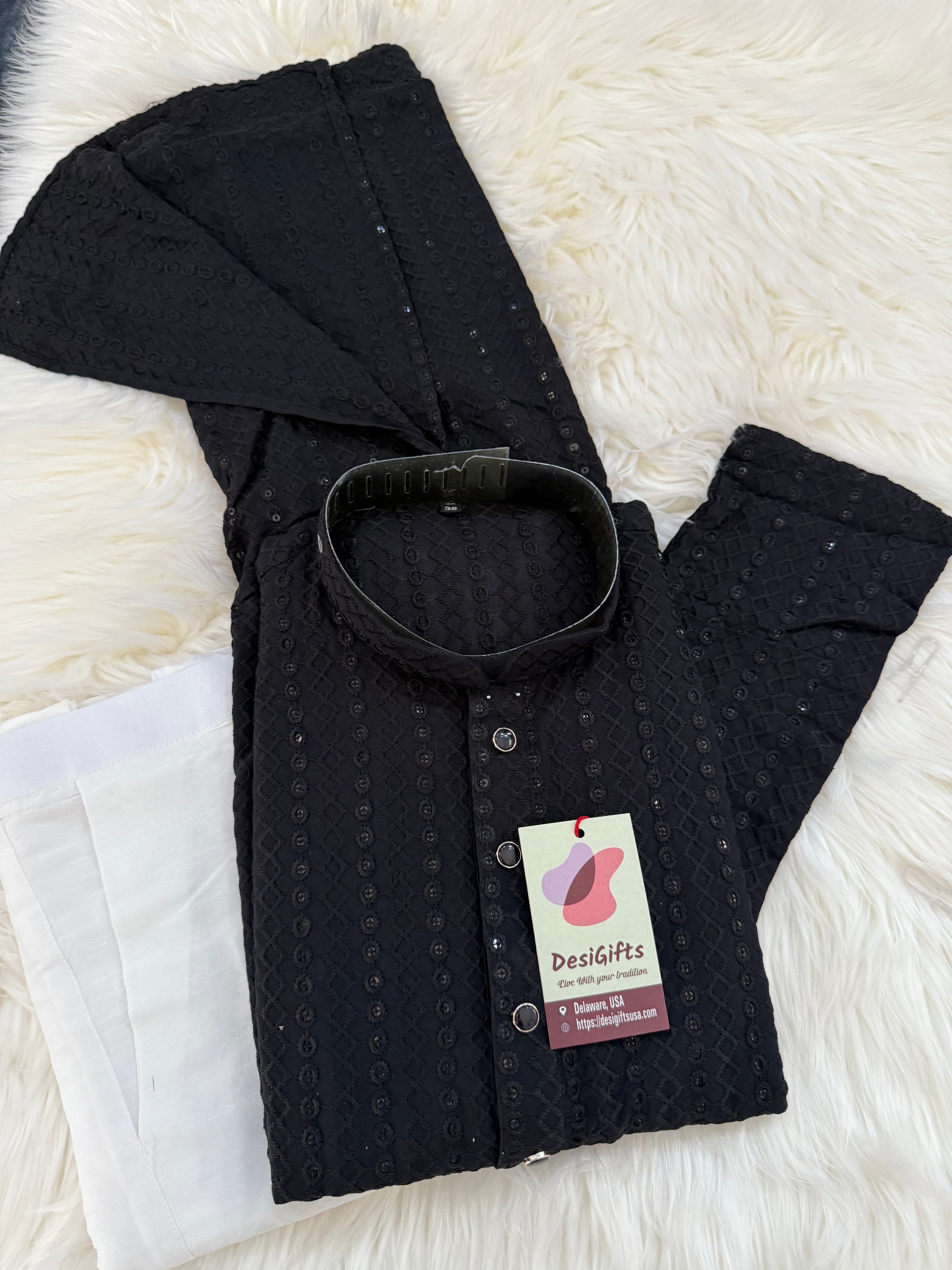 Black Chikankari Rayon with Sequins 2 Piece Kurta Pajama Set, Father & Son's Outfit, DM -1817