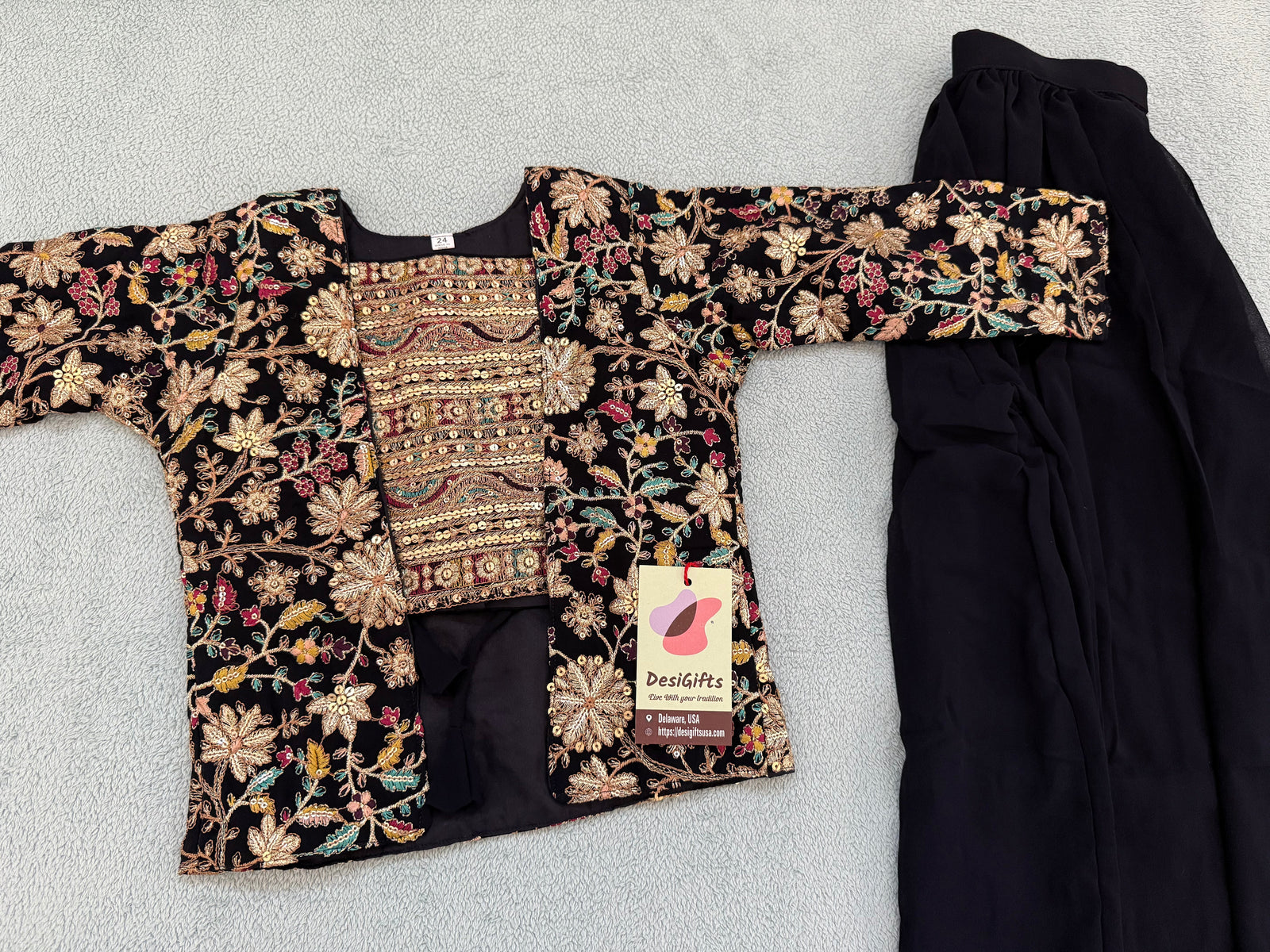 Classy Embroidered Top with Jacket, Palazzo & Dupatta Set for Girl in Black Shade, Indian traditional Girl Dress, GRL - 1859