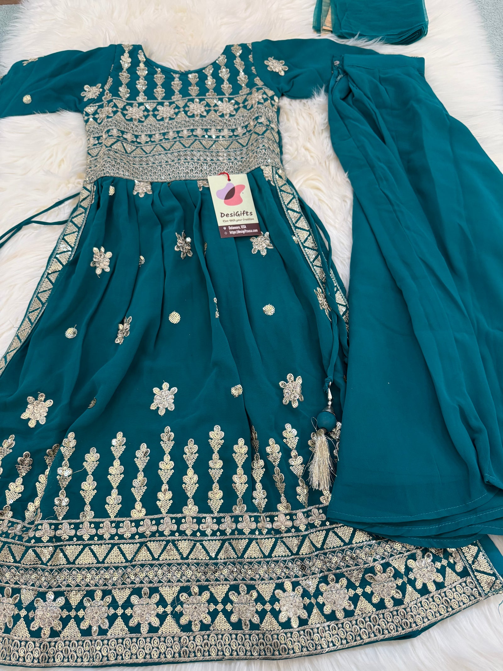 Stylish 3-Piece Teal Shade Kurti Palazzo Dress for Girls – Fine Georgette Fabric, Embroidery and Sequin Work, Design G-1837