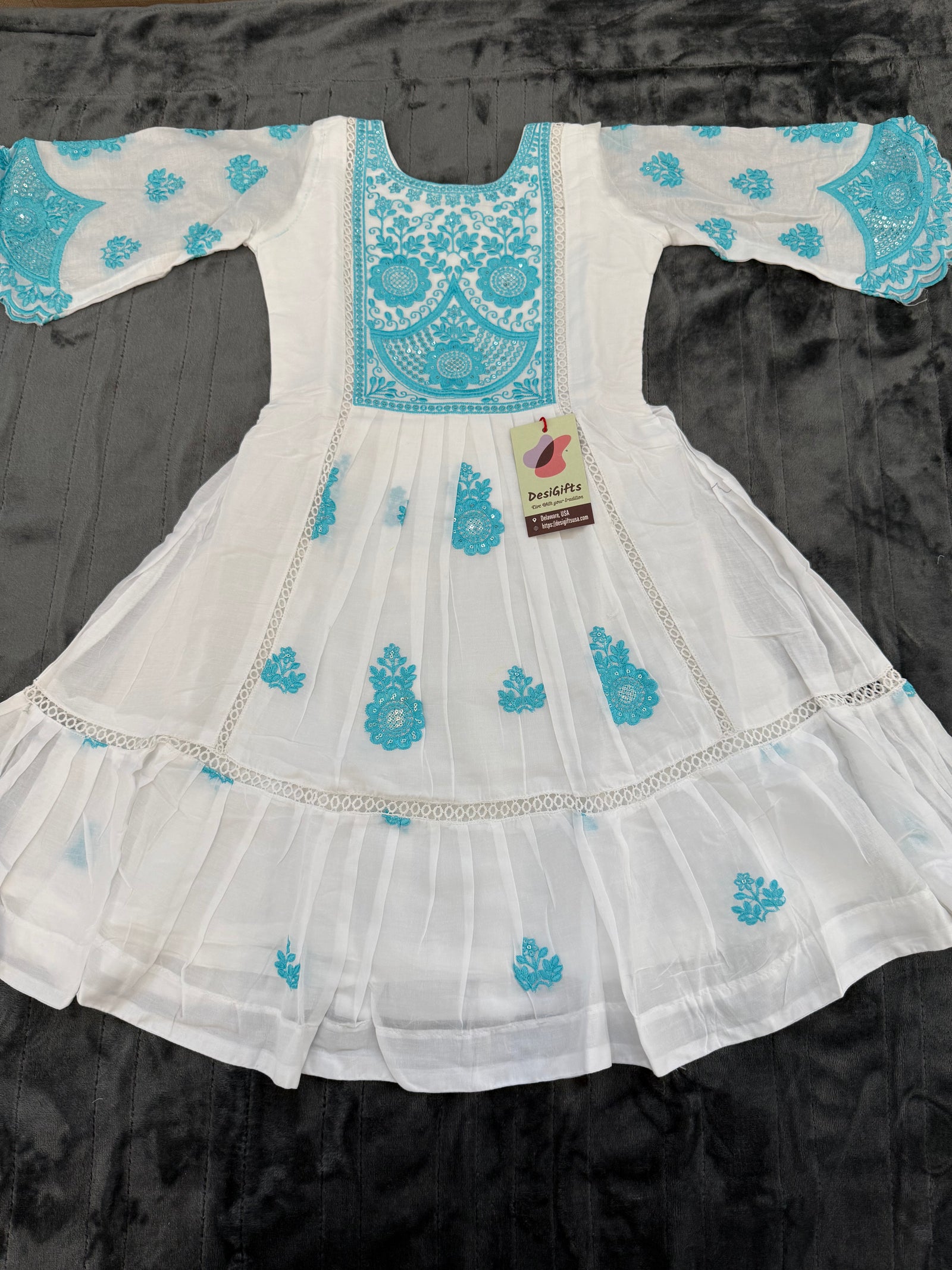 Festive Georgette Chikankari Embroidery 3 Piece Pretty White Set for Girls, Design G- 1848