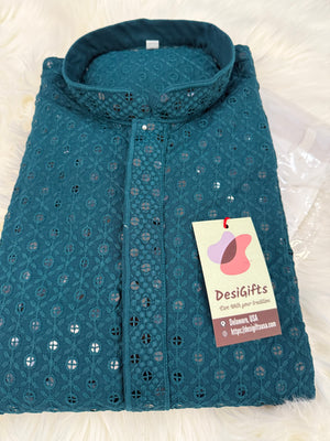 Sequins Work Chikankari Rayon 2 Piece Kurta Pajama Set for Man in Teal Blue shade, KP - 1681