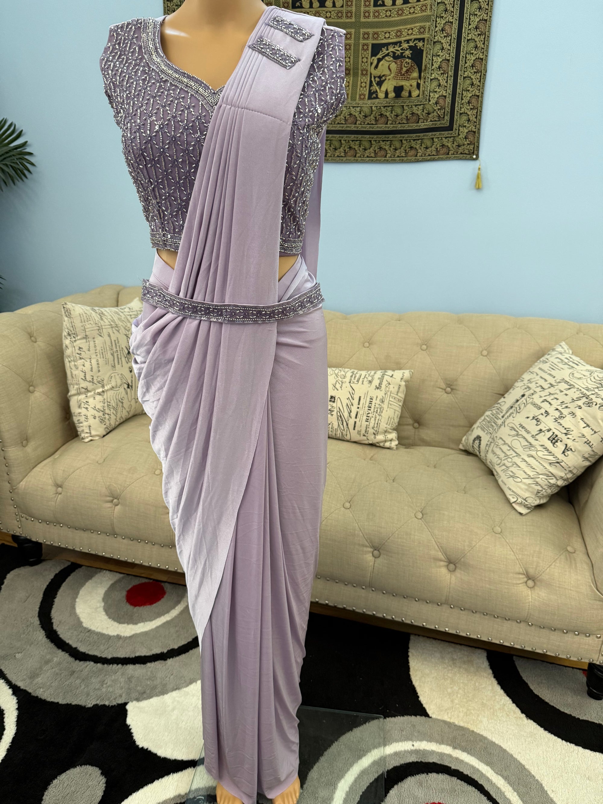 Readymade Pre-Stitched Saree, Ready to wear Sari  in Lavender Shade  Indian Ethnic Sari, GRL - 1870