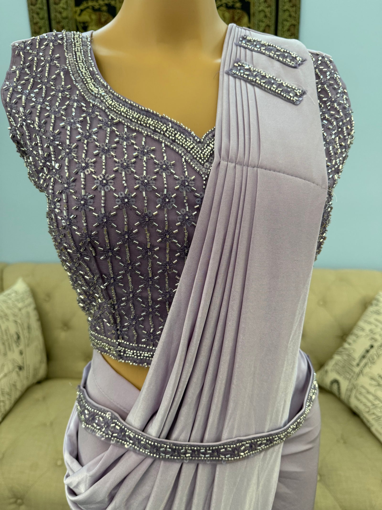 Readymade Pre-Stitched Saree, Ready to wear Sari  in Lavender Shade  Indian Ethnic Sari, GRL - 1870