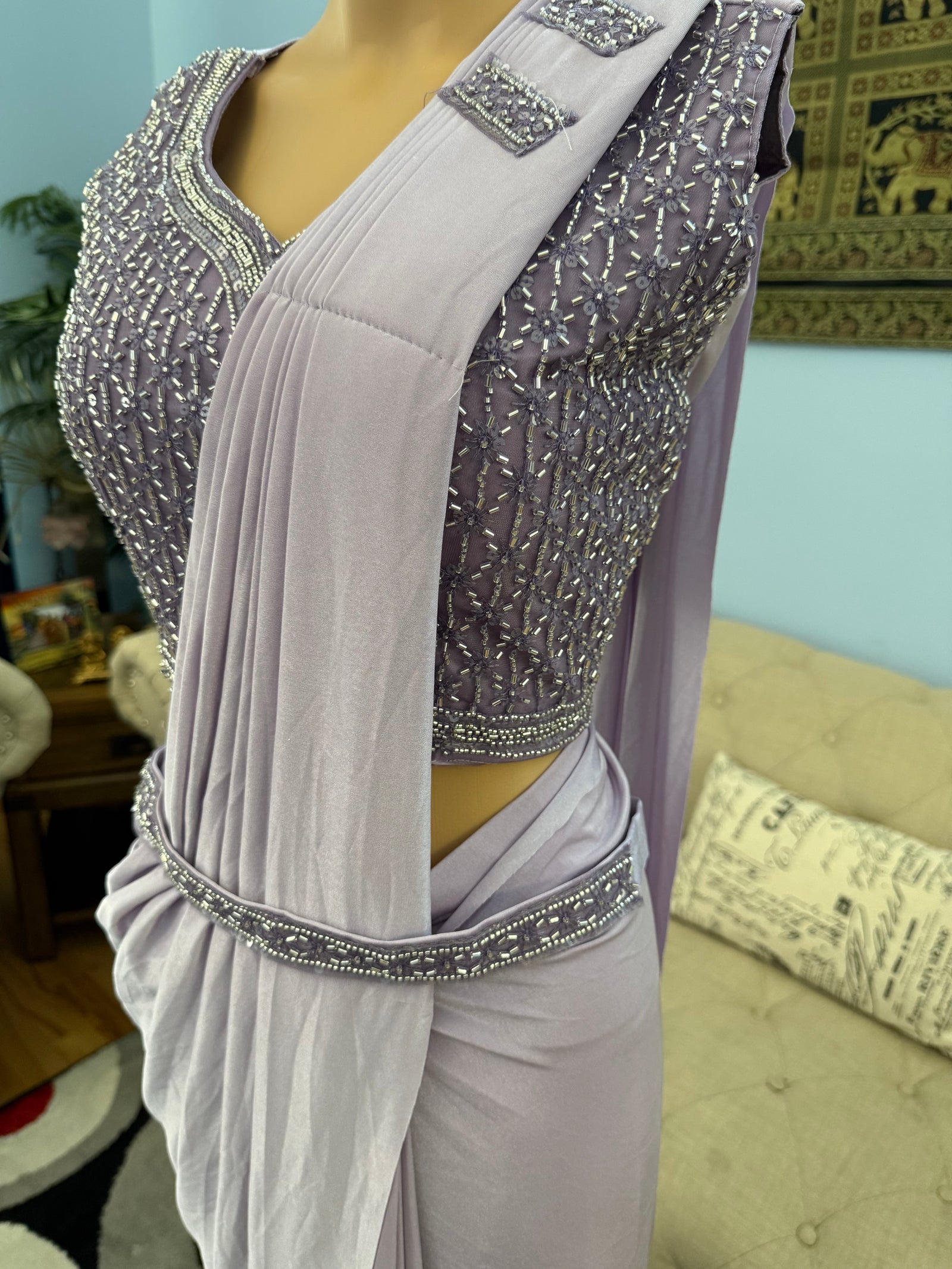 Readymade Pre-Stitched Saree, Ready to wear Sari  in Lavender Shade  Indian Ethnic Sari, GRL - 1870