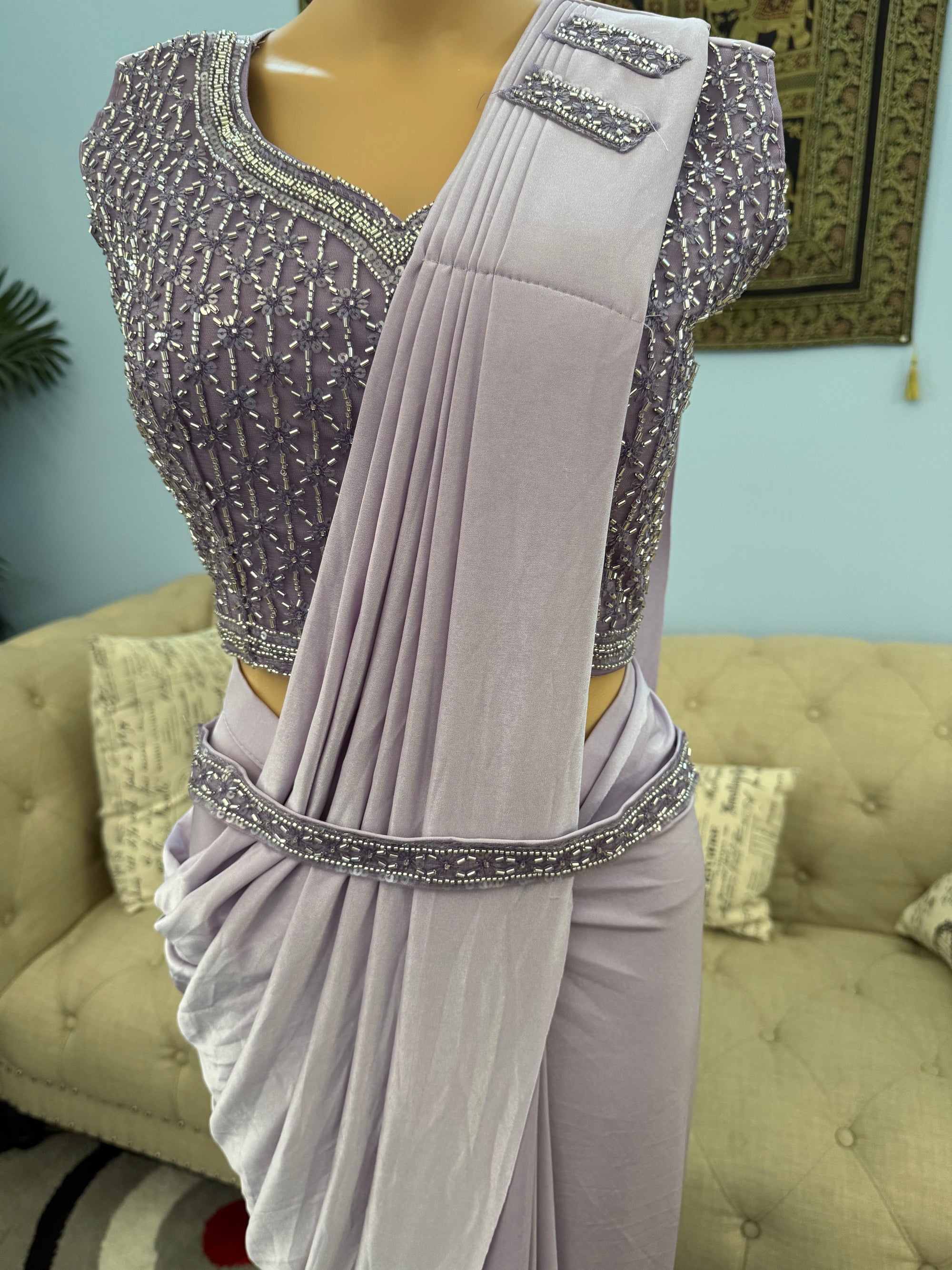 Readymade Pre-Stitched Saree, Ready to wear Sari  in Lavender Shade  Indian Ethnic Sari, GRL - 1870