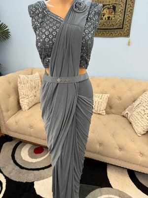 Readymade Pre-Stitched Saree, Ready to wear Sari  in Dark Gray Shade  Indian Ethnic Sari, GRL - 1871