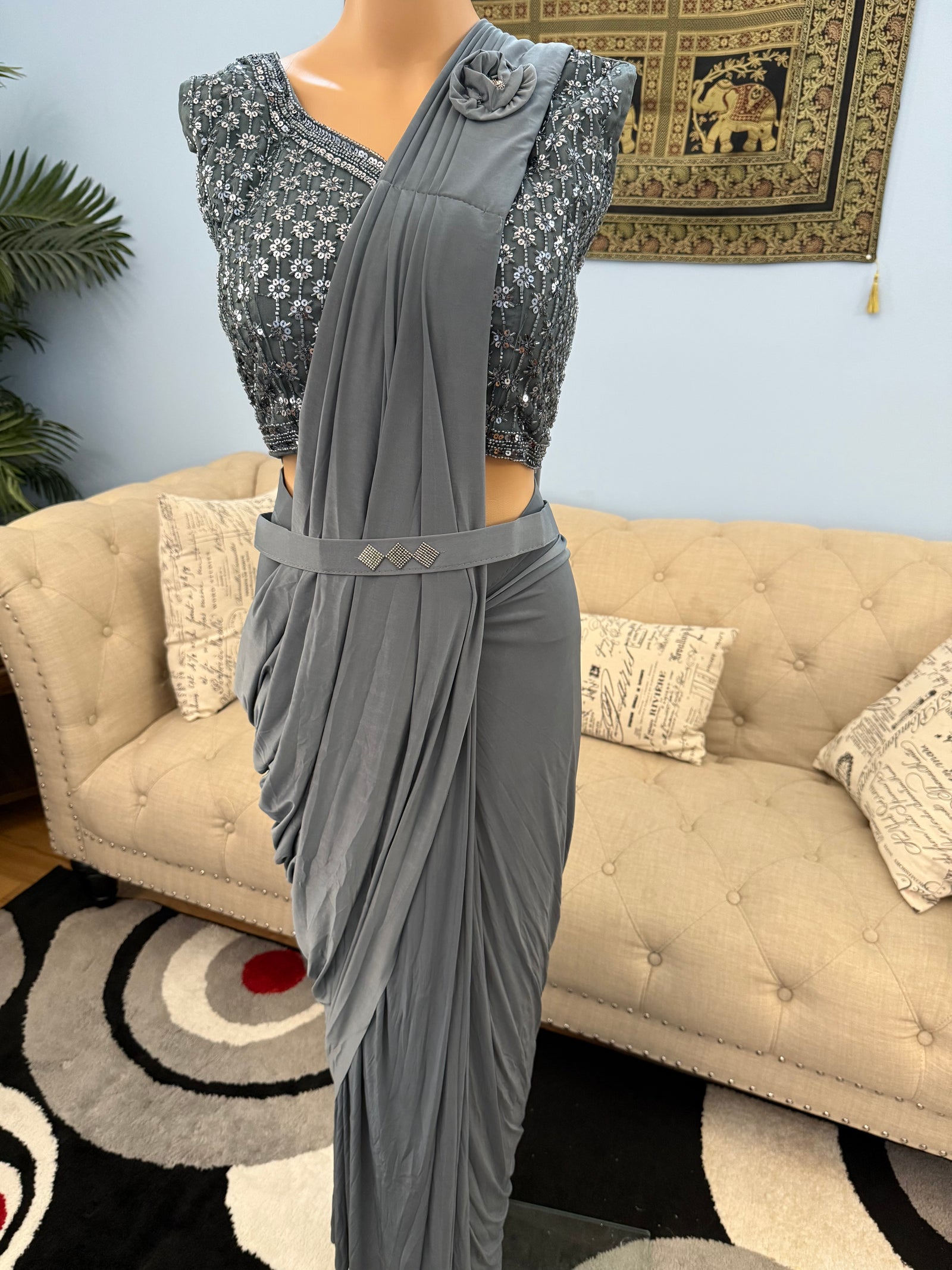 Readymade Pre-Stitched Saree, Ready to wear Sari  in Dark Gray Shade  Indian Ethnic Sari, GRL - 1871