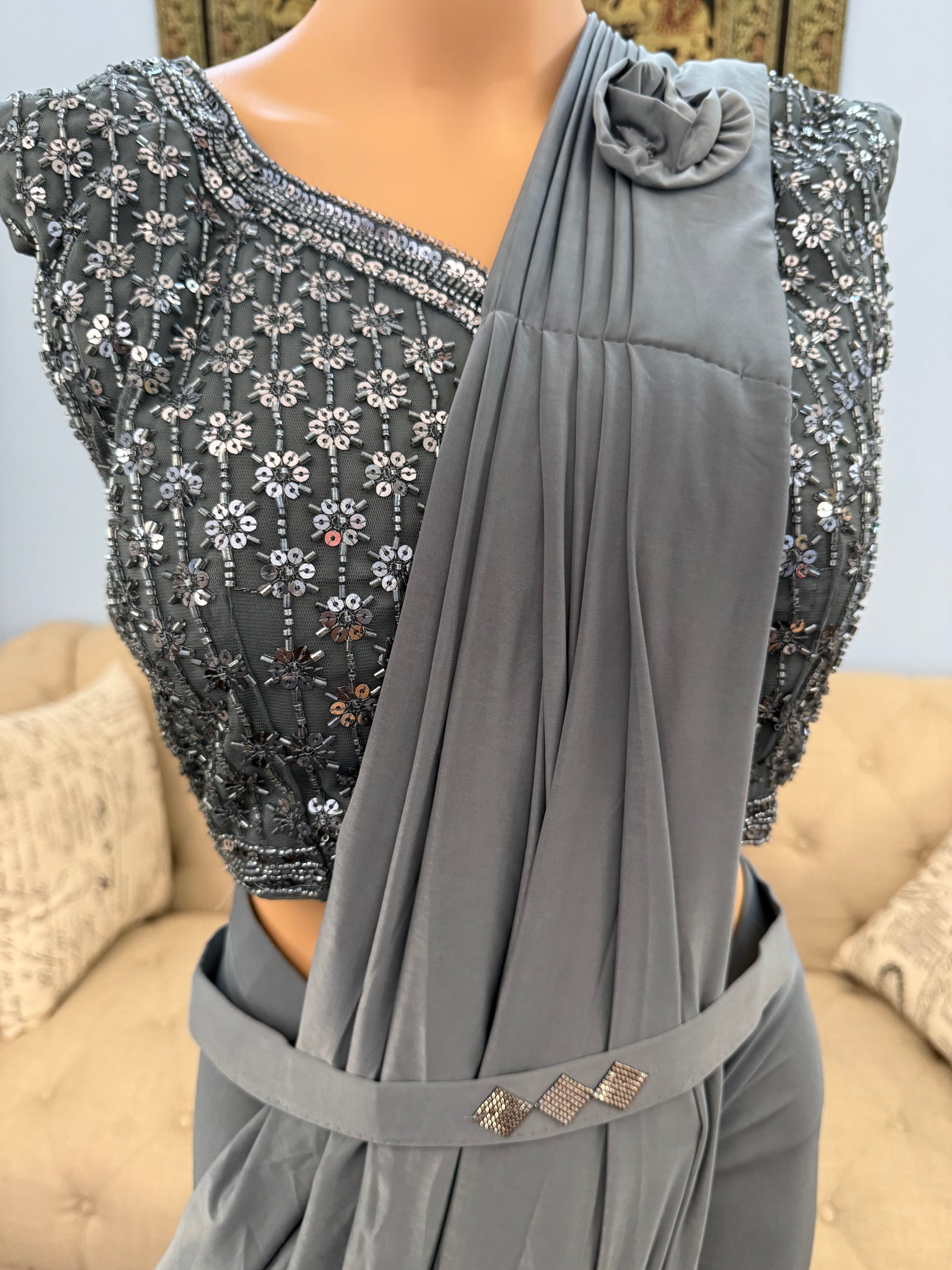 Readymade Pre-Stitched Saree, Ready to wear Sari  in Dark Gray Shade  Indian Ethnic Sari, GRL - 1871