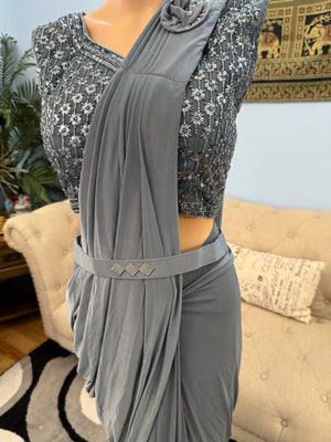 Readymade Pre-Stitched Saree, Ready to wear Sari  in Dark Gray Shade  Indian Ethnic Sari, GRL - 1871
