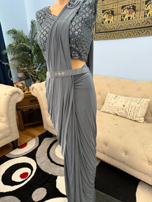 Readymade Pre-Stitched Saree, Ready to wear Sari  in Dark Gray Shade  Indian Ethnic Sari, GRL - 1871