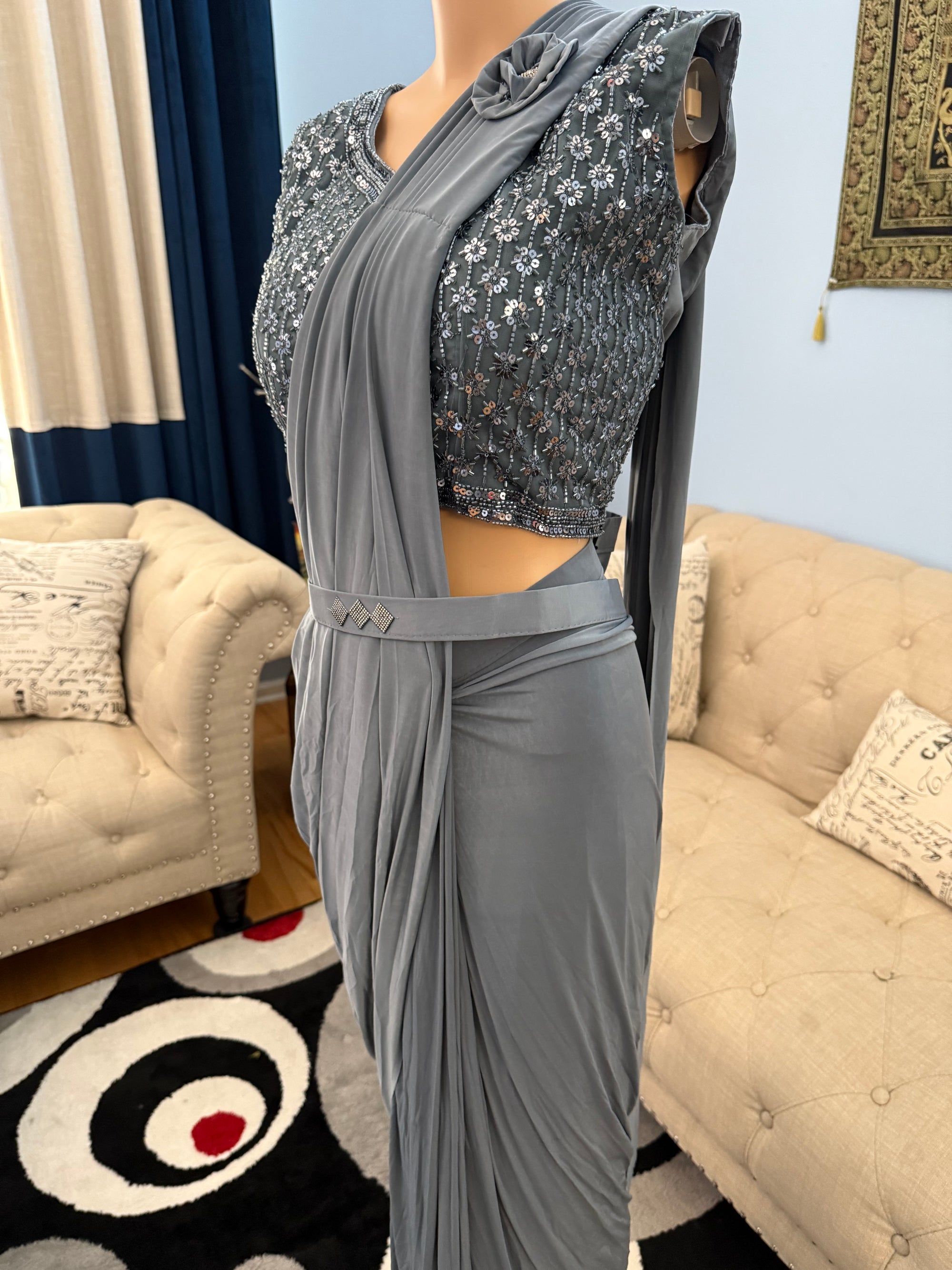 Readymade Pre-Stitched Saree, Ready to wear Sari  in Dark Gray Shade  Indian Ethnic Sari, GRL - 1871