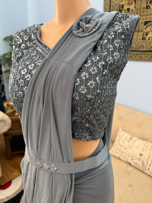 Readymade Pre-Stitched Saree, Ready to wear Sari  in Dark Gray Shade  Indian Ethnic Sari, GRL - 1871