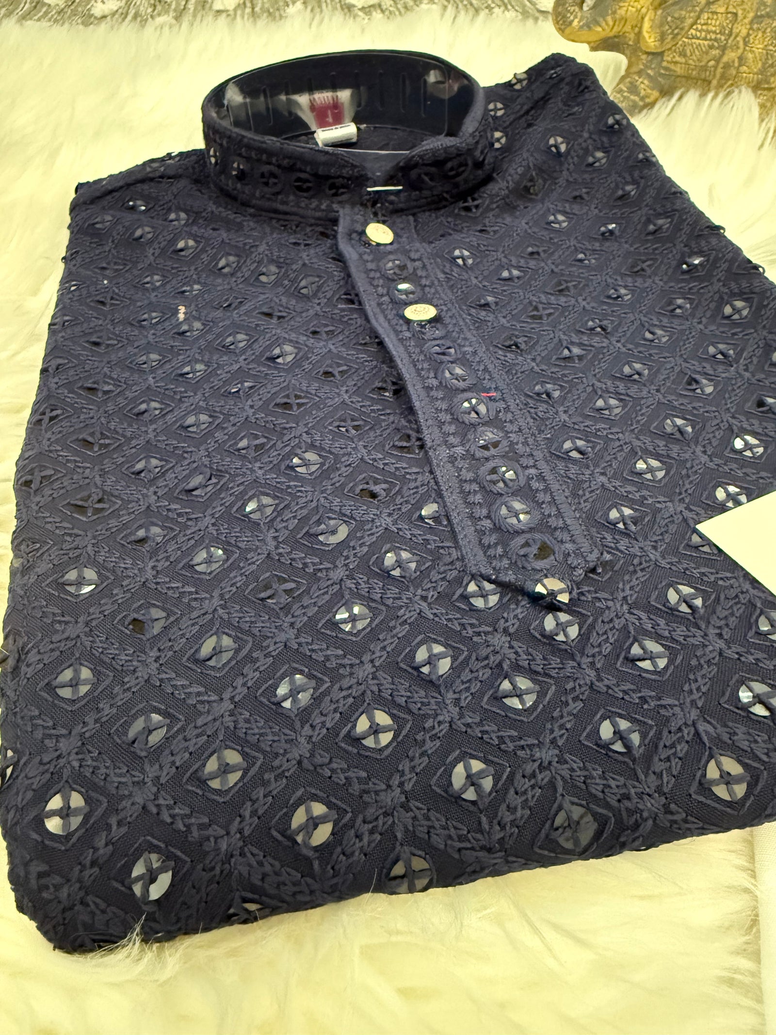 Boy Navy Blue Shade Kurta Pajama with Embroidery and  Sequins Work - BOY-1582