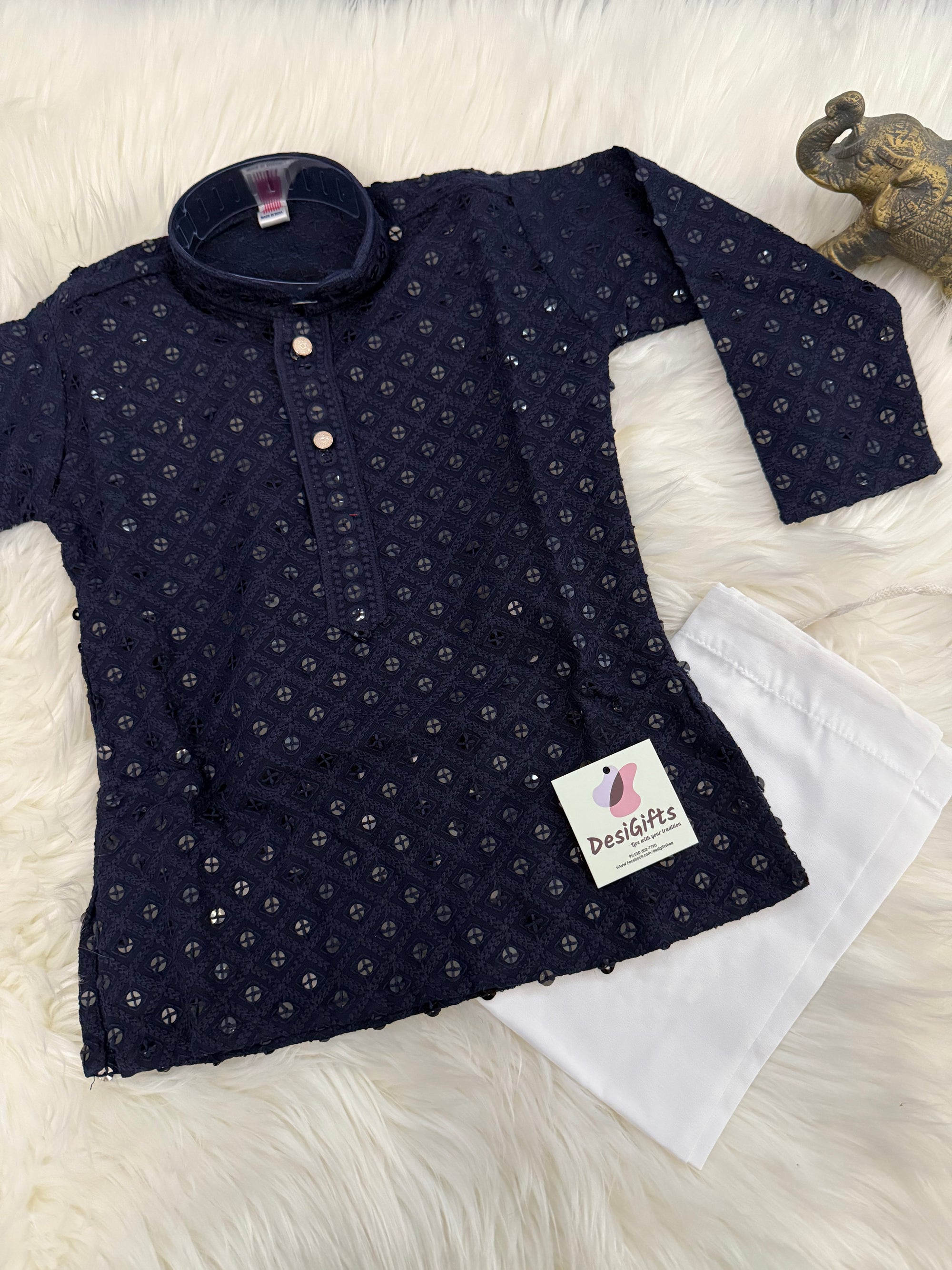 Boy Navy Blue Shade Kurta Pajama with Embroidery and  Sequins Work - BOY-1582