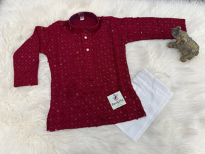 Boy Apple Red Shade Chikankari Embroidered Kurta Pajama with Sequins Work - BOY-1580