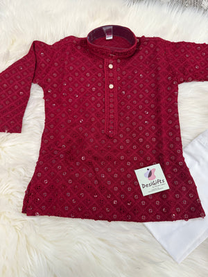 Boy Apple Red Shade Chikankari Embroidered Kurta Pajama with Sequins Work - BOY-1580