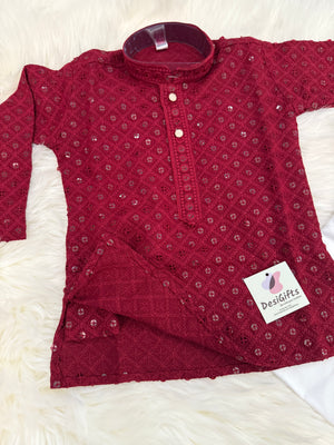 Boy Apple Red Shade Chikankari Embroidered Kurta Pajama with Sequins Work - BOY-1580