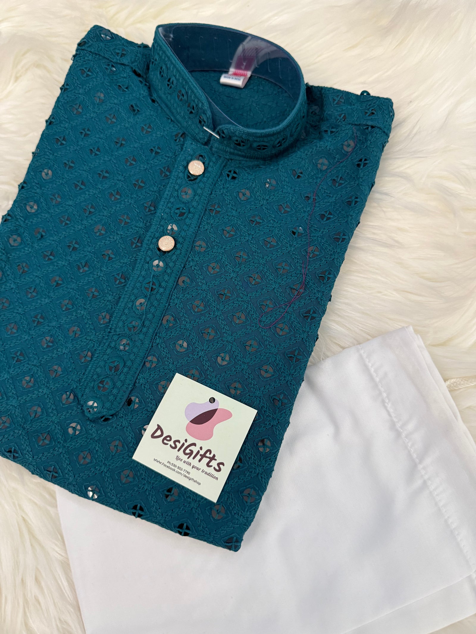 Boy Kurta Pajama with Sequins Work in Sea Blue/Teal Blue Shade- BOY-1578