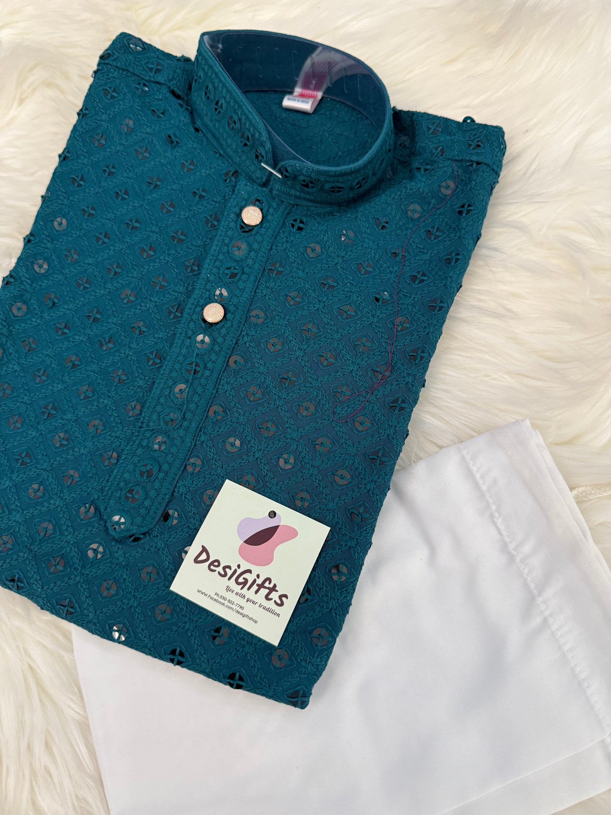 Boy Kurta Pajama with Sequins Work in Sea Blue Shade- BOY-1578