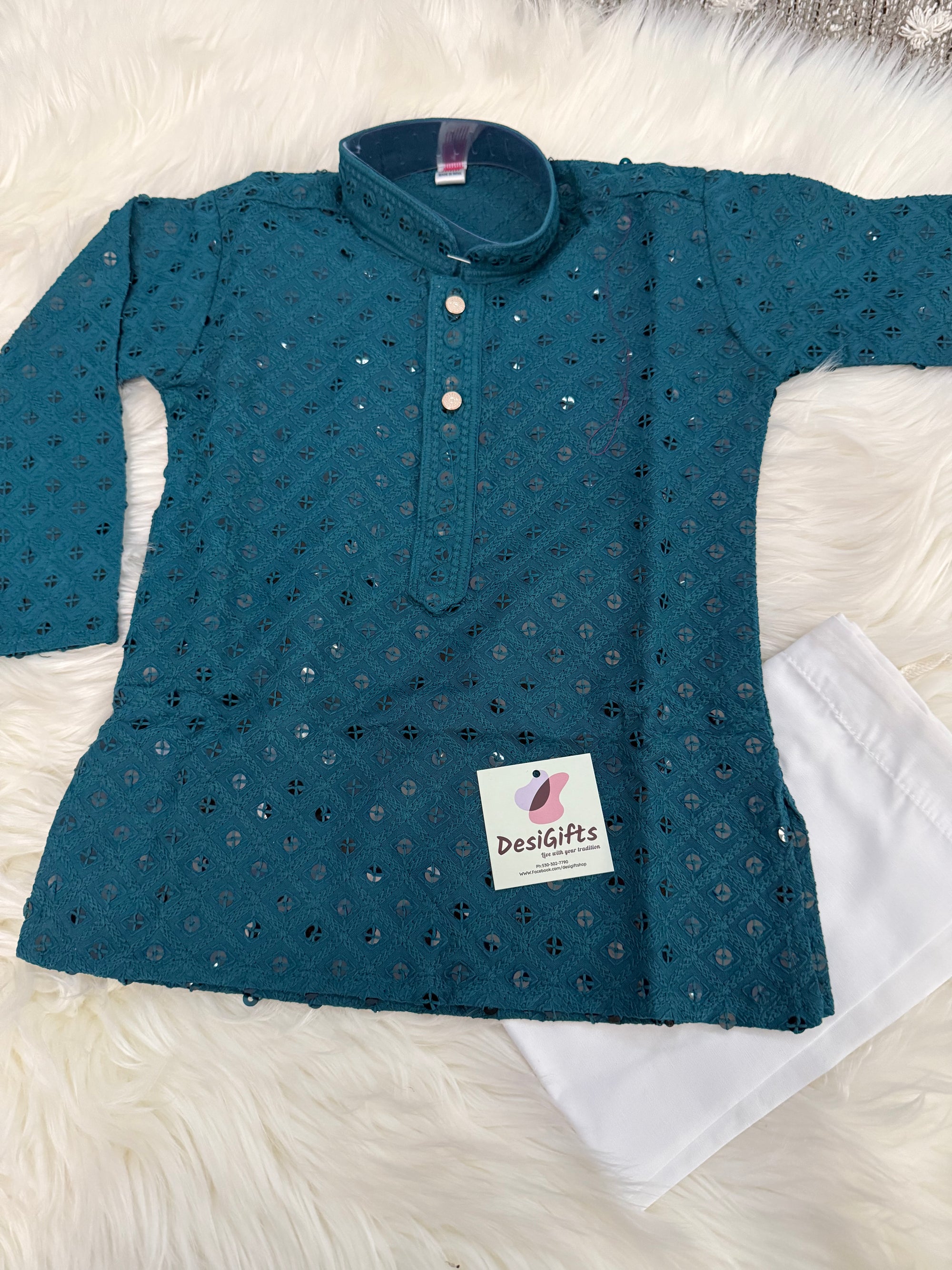 Boy Kurta Pajama with Sequins Work in Sea Blue Shade- BOY-1578