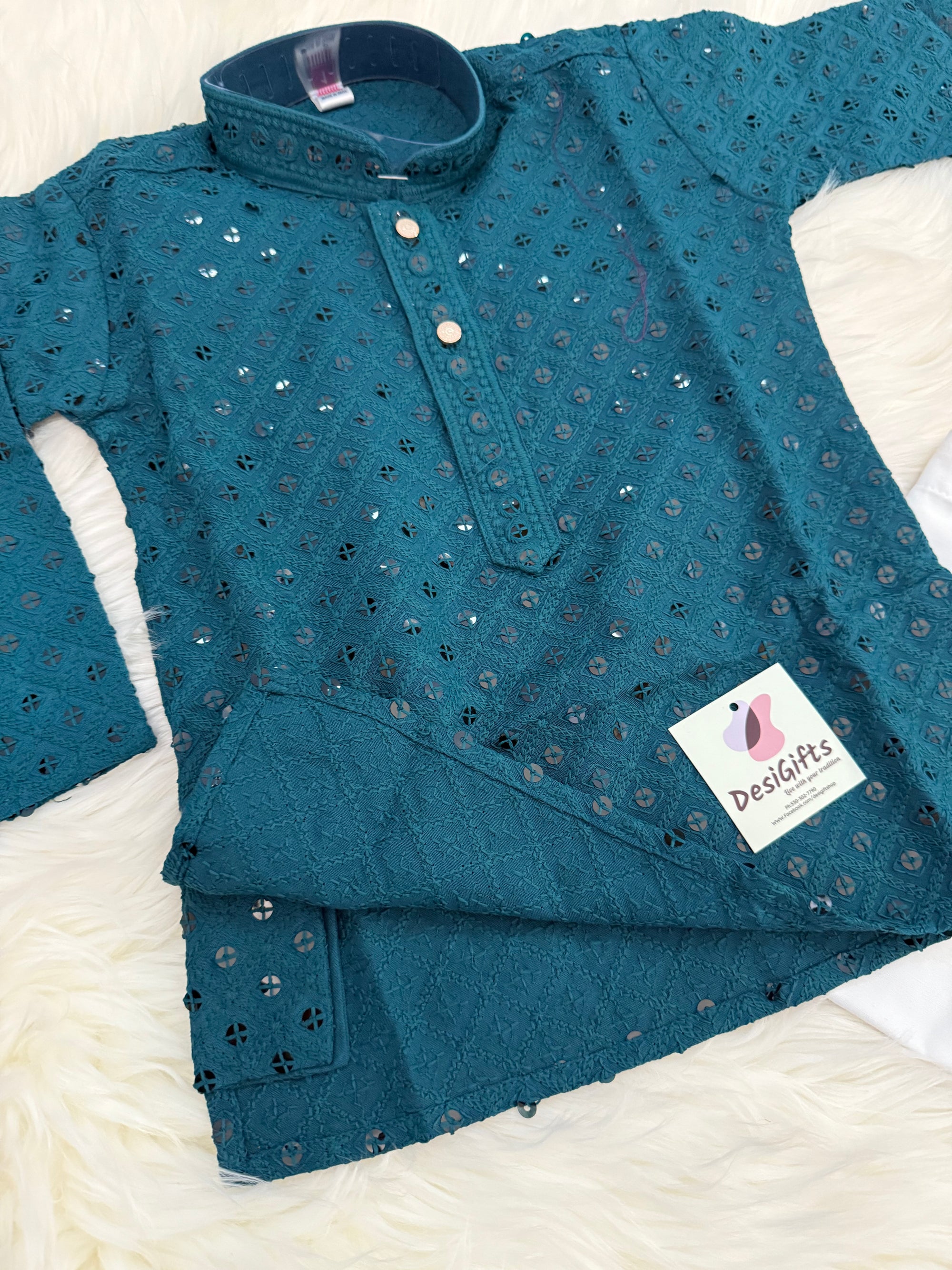 Boy Kurta Pajama with Sequins Work in Sea Blue Shade- BOY-1578